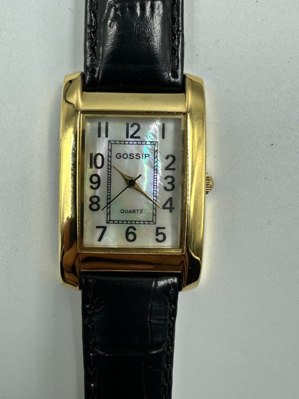 3/$30 Gossip Tank Watch Women Gold Tone Black Leather Band New Battery 9"